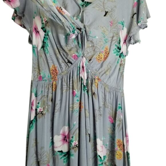 Umgee Floral Gray Maxi Dress Ruffle Hem Short Flutter Sleeves High Low S Cottage - Picture 3 of 12